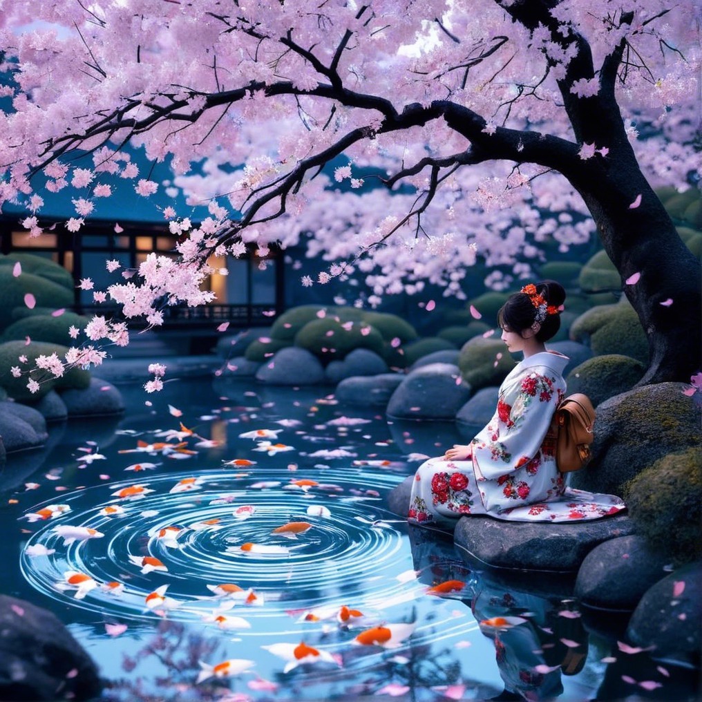 Woman in Kimono by Tranquil Cherry Blossom Pond