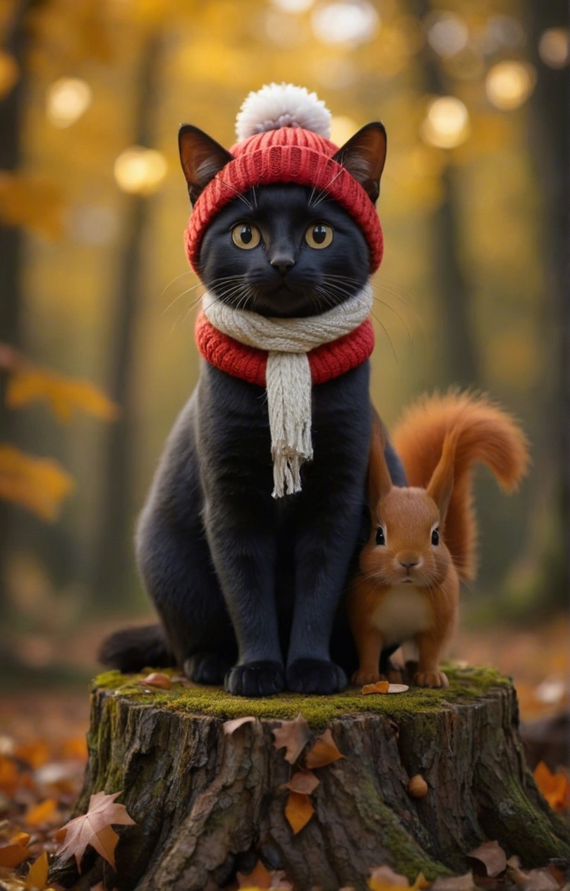 Black Cat and Squirrel in Autumn Forest Setting