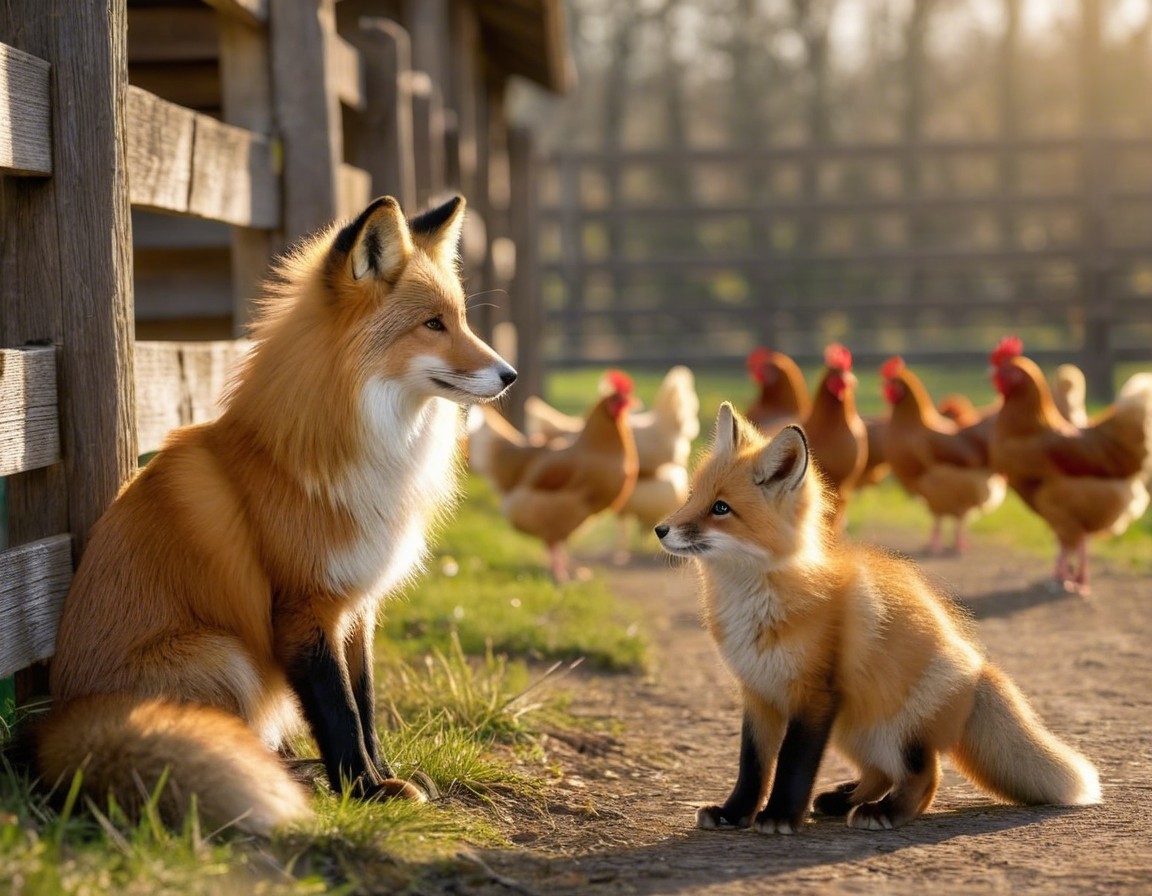 Serene Farm Scene with Fox and Playful Cub