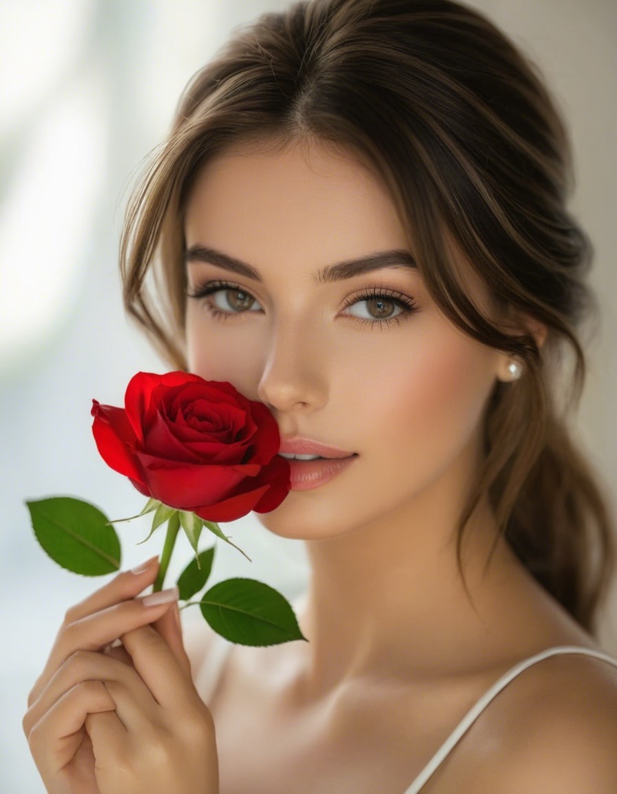 Young woman with rose and radiant skin portrait