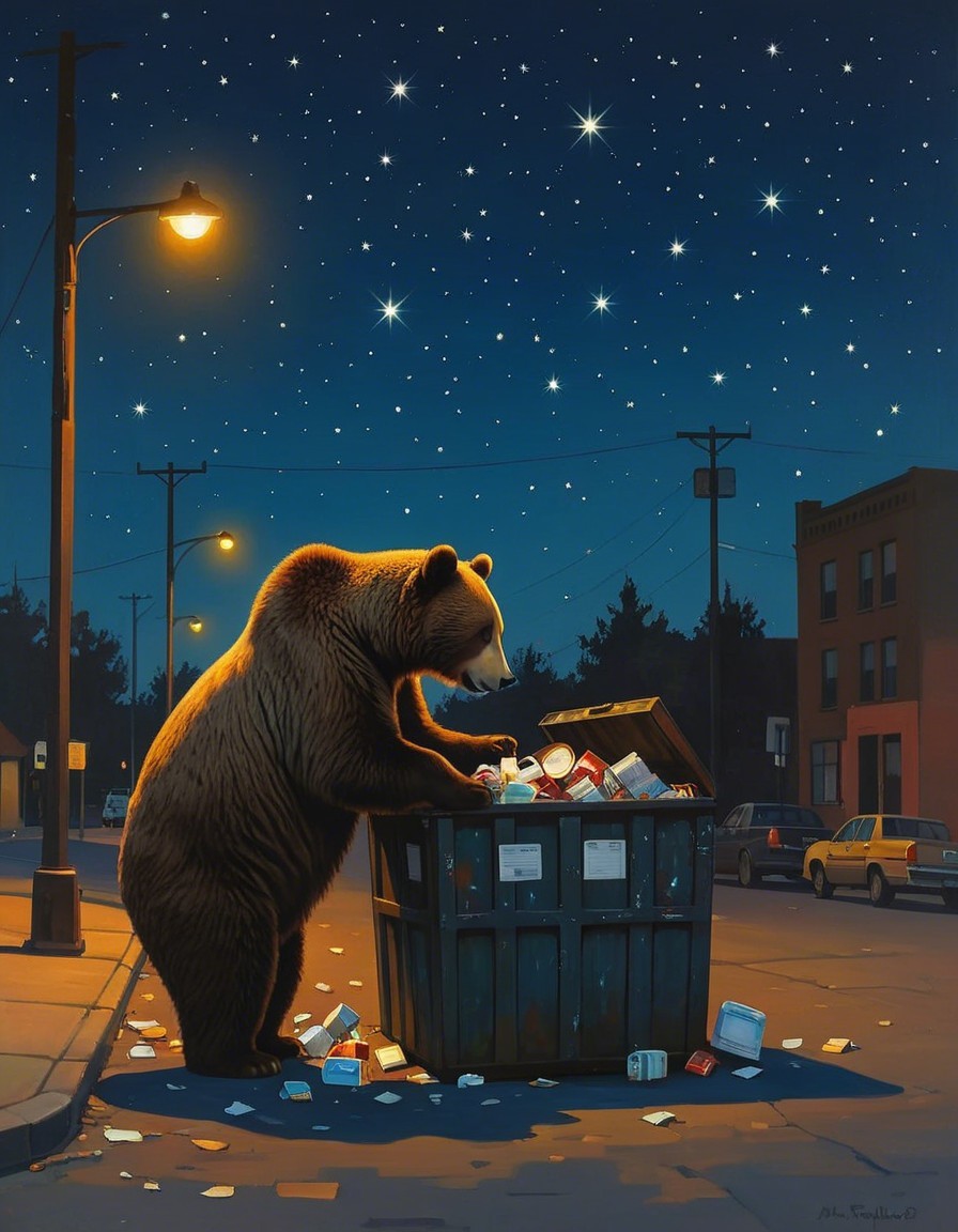 Bear foraging in dumpster under starlit urban sky