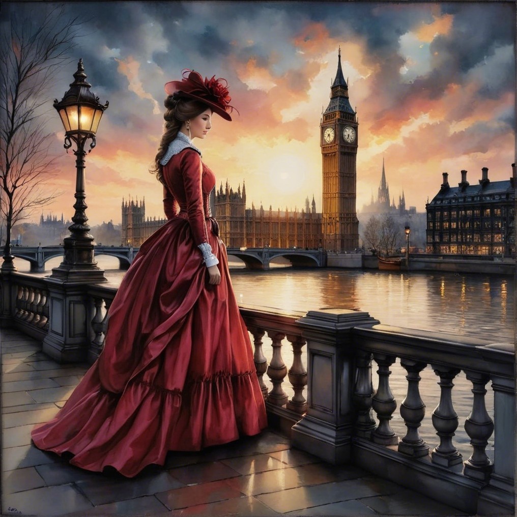 Woman in Red Dress by Riverbank at Sunset
