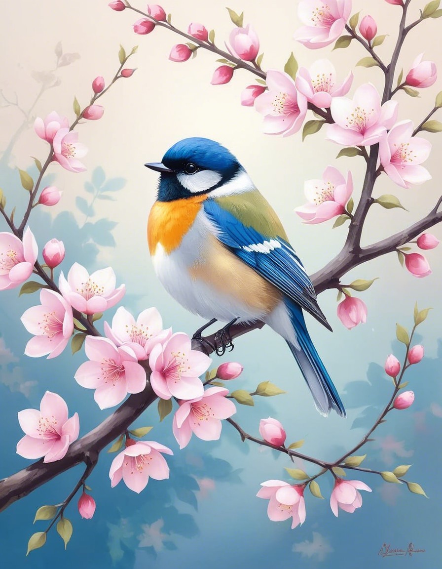 Vibrant Bird on Cherry Blossom Branch in Spring Scene