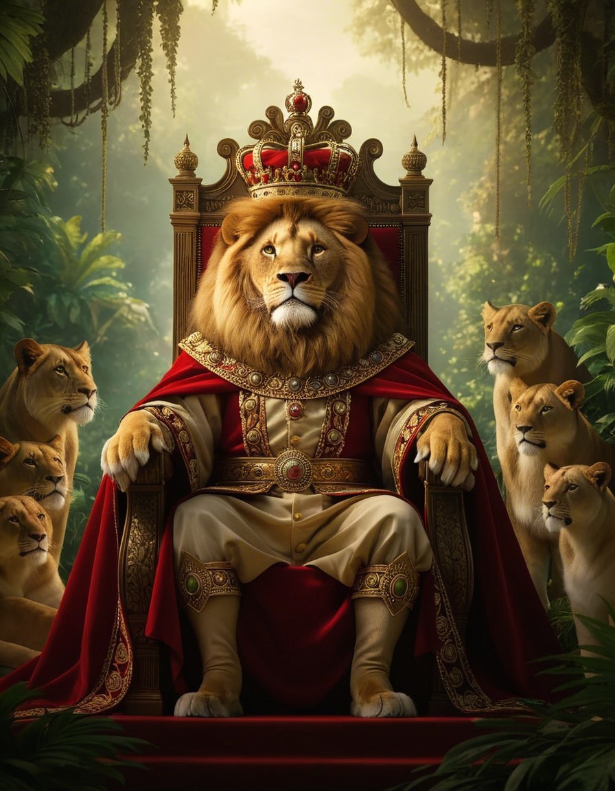 Lion King on Throne in Lush Jungle