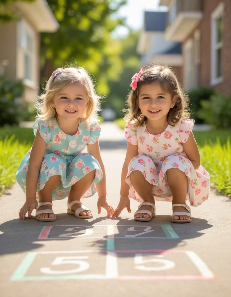 Girls Playing Hopscotch on a Sunny Sidewalk