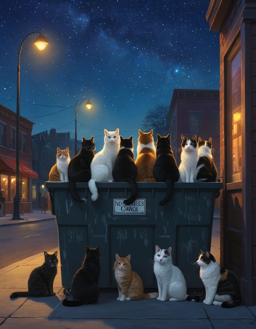 Cats Gather Around Dumpster in Starry Night Scene