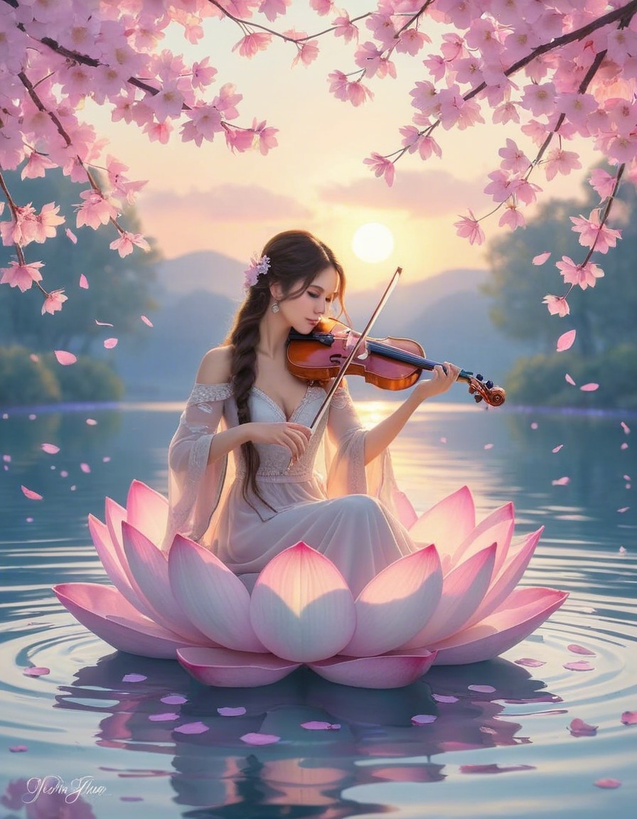Young Woman Playing Violin on Lotus Flower at Dawn