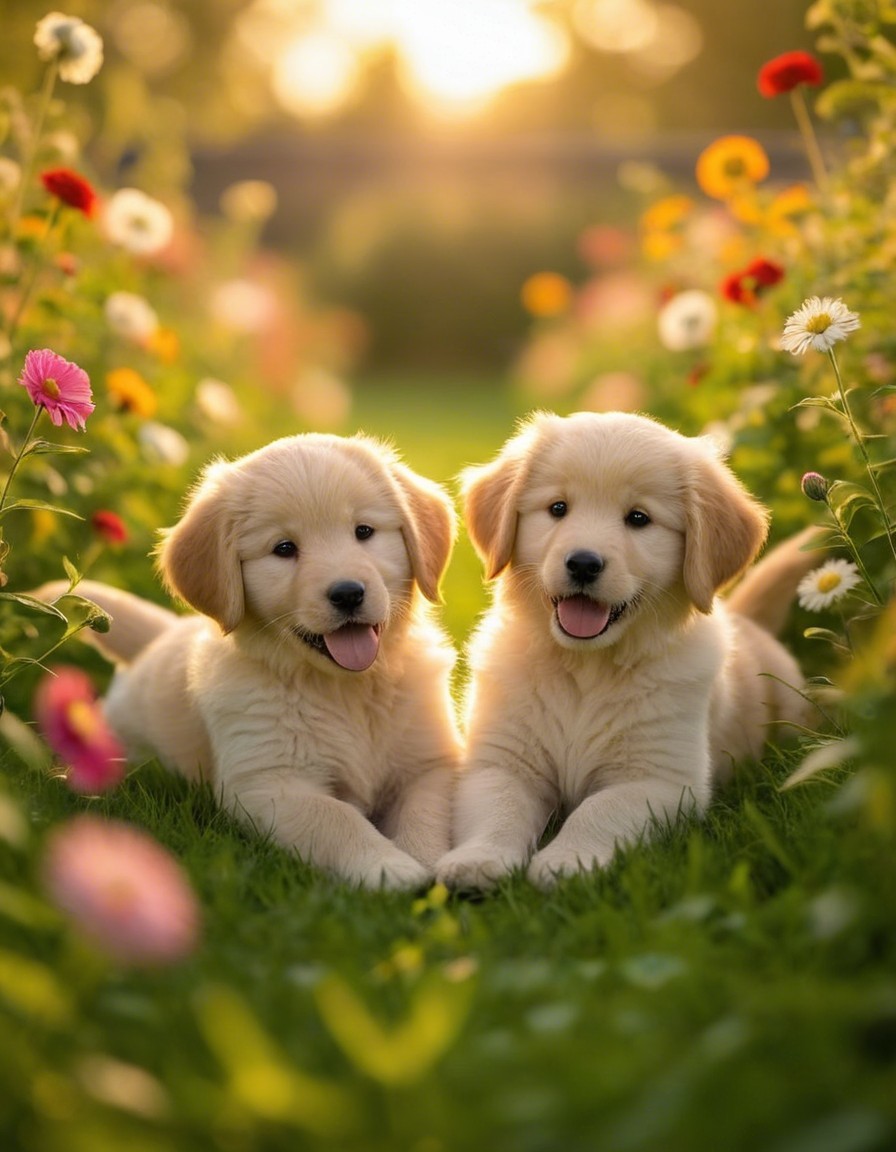 Golden retriever puppies in a flower garden setting