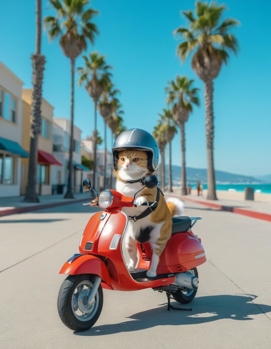 Confident Cat on Red Scooter in Sunny Beach Scene