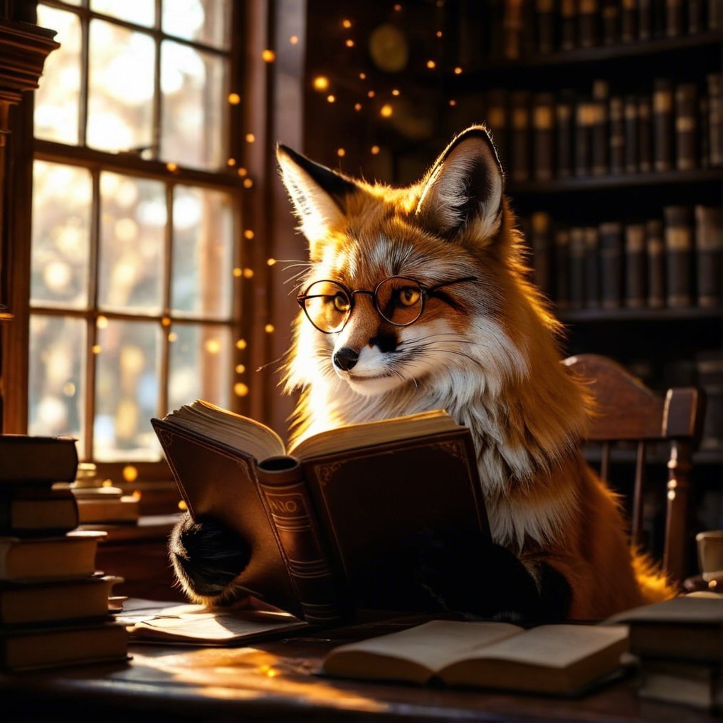 Fox in Glasses Reading in Cozy Library Setting