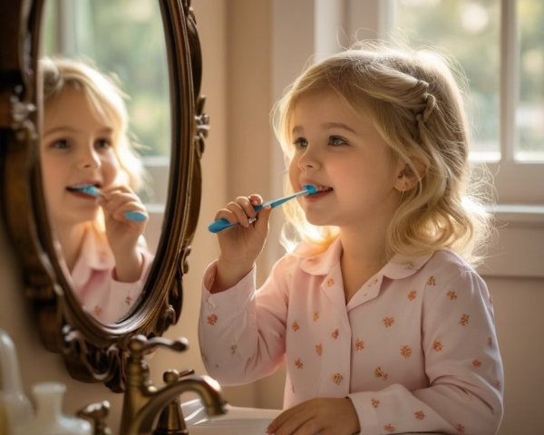 Young girl brushing teeth in sunny bathroom setting
