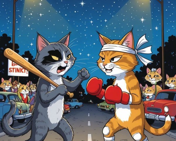Cartoon Cats Compete in Alley Under Starry Sky