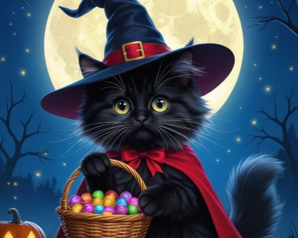 Black Cat in Witch Hat with Halloween Treats and Pumpkins