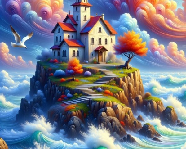 Whimsical Castle on Rocky Island with Vibrant Ocean