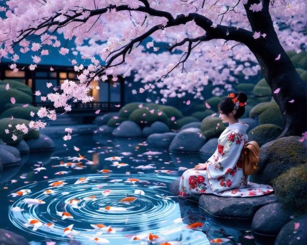 Woman in Kimono by Tranquil Cherry Blossom Pond