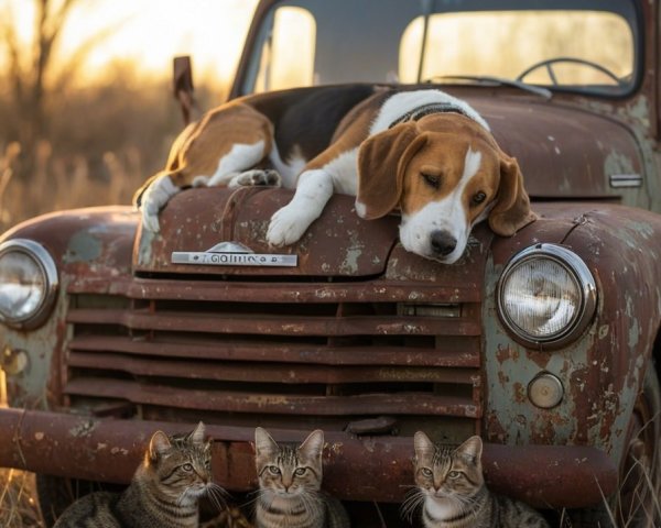 Beagle on Old Truck with Kittens at Sunset