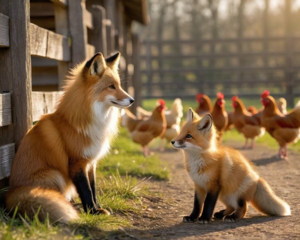 Serene Farm Scene with Fox and Playful Cub