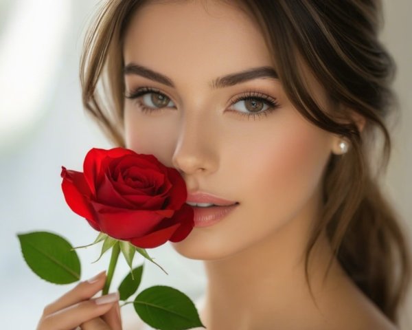 Young woman with rose and radiant skin portrait