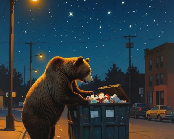 Bear foraging in dumpster under starlit urban sky