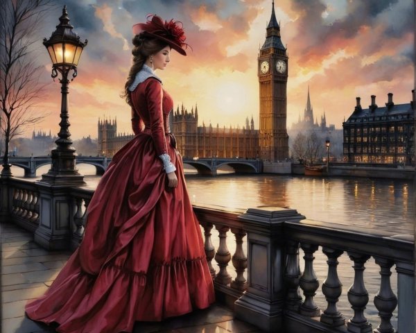 Woman in Red Dress by Riverbank at Sunset