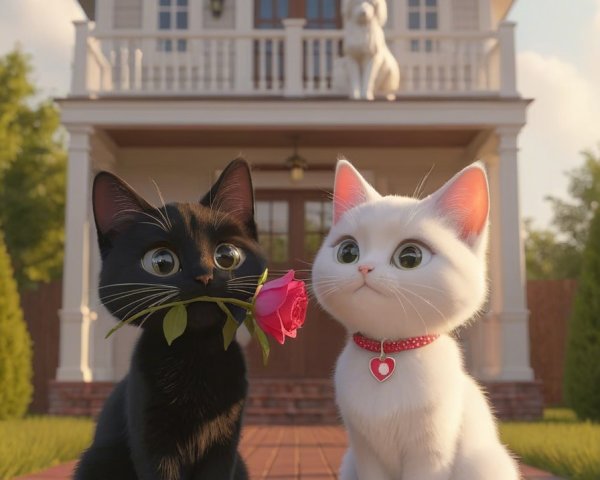 Black Cat with Rose and White Cat in Garden Scene
