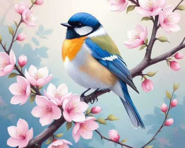 Vibrant Bird on Cherry Blossom Branch in Spring Scene