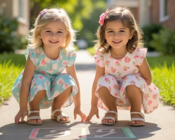 Girls Playing Hopscotch on a Sunny Sidewalk