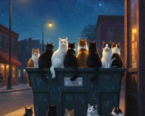 Cats Gather Around Dumpster in Starry Night Scene
