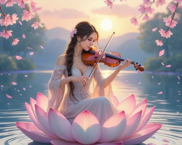 Young Woman Playing Violin on Lotus Flower at Dawn