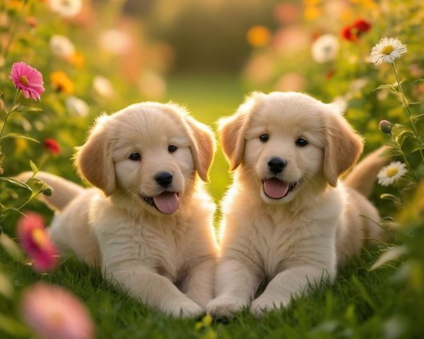 Golden retriever puppies in a flower garden setting
