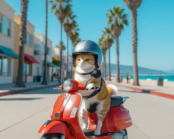 Confident Cat on Red Scooter in Sunny Beach Scene