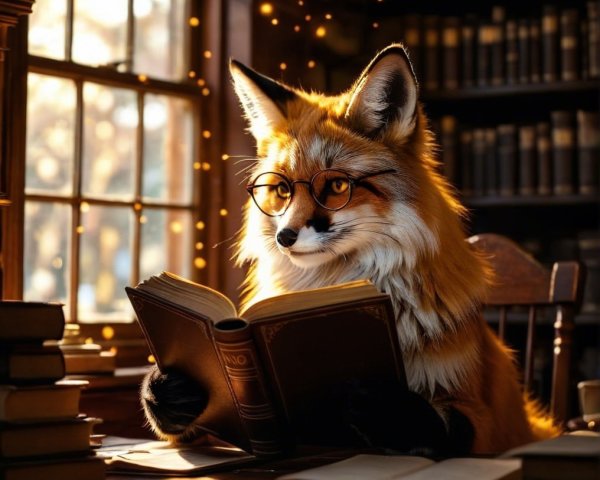 Fox in Glasses Reading in Cozy Library Setting