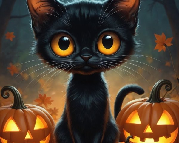 Whimsical Black Cat Among Glowing Halloween Pumpkins