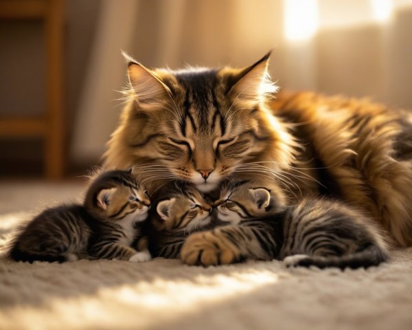 Fluffy Mother Cat and Kittens Cuddling in Sunlight