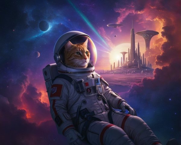Cat in Spacesuit Against Cosmic Backdrop and Cityscape
