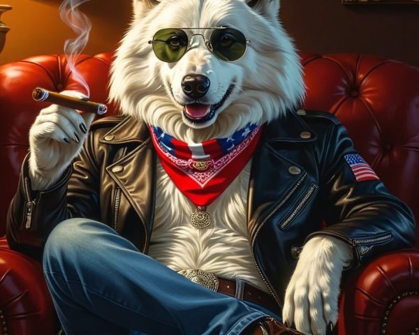 Anthropomorphic dog in stylish outfit in armchair