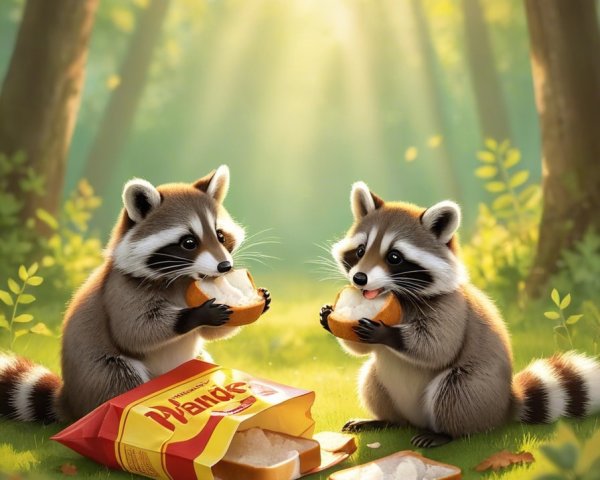 Raccoons Eating Bread in a Sunlit Forest Setting