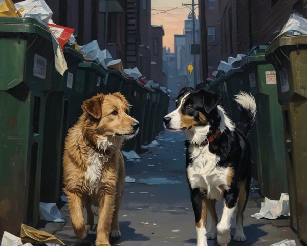 Dogs Exploring Alleyway with Trash Bins at Twilight