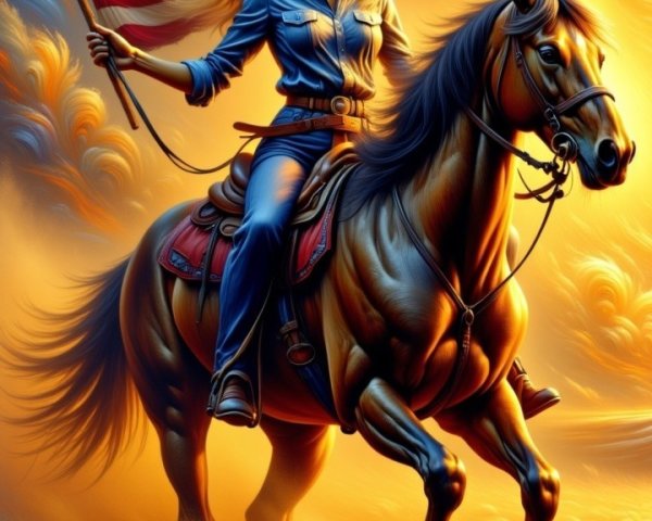 Heroic Figure on Horse with American Flag Background