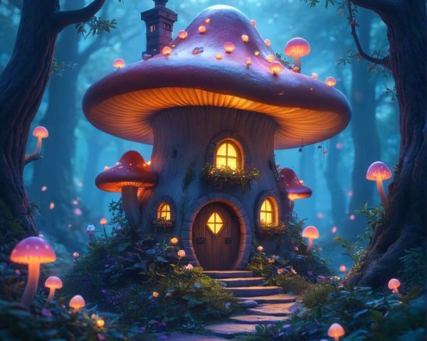 Whimsical Mushroom House in an Enchanted Forest