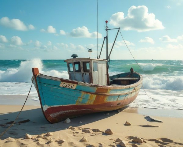Weathered Fishing Boat on Sandy Beach with Waves