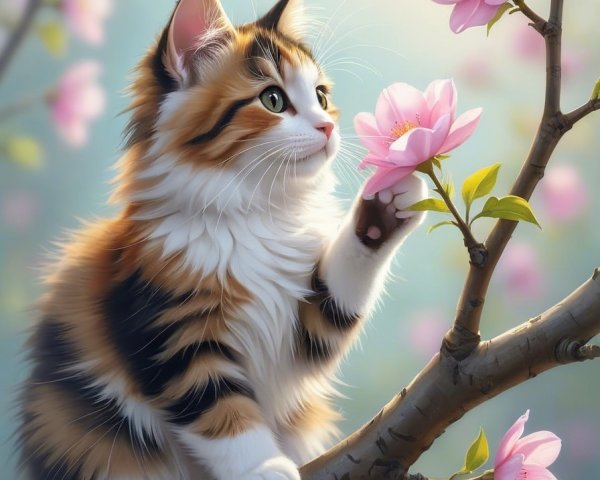 Calico Cat Reaching for Pink Magnolia Flower