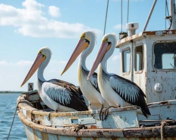 Pelicans on a Weathered Fishing Boat Under Blue Sky