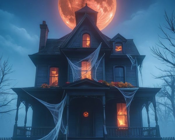 Victorian House Under Full Moon with Halloween Decor