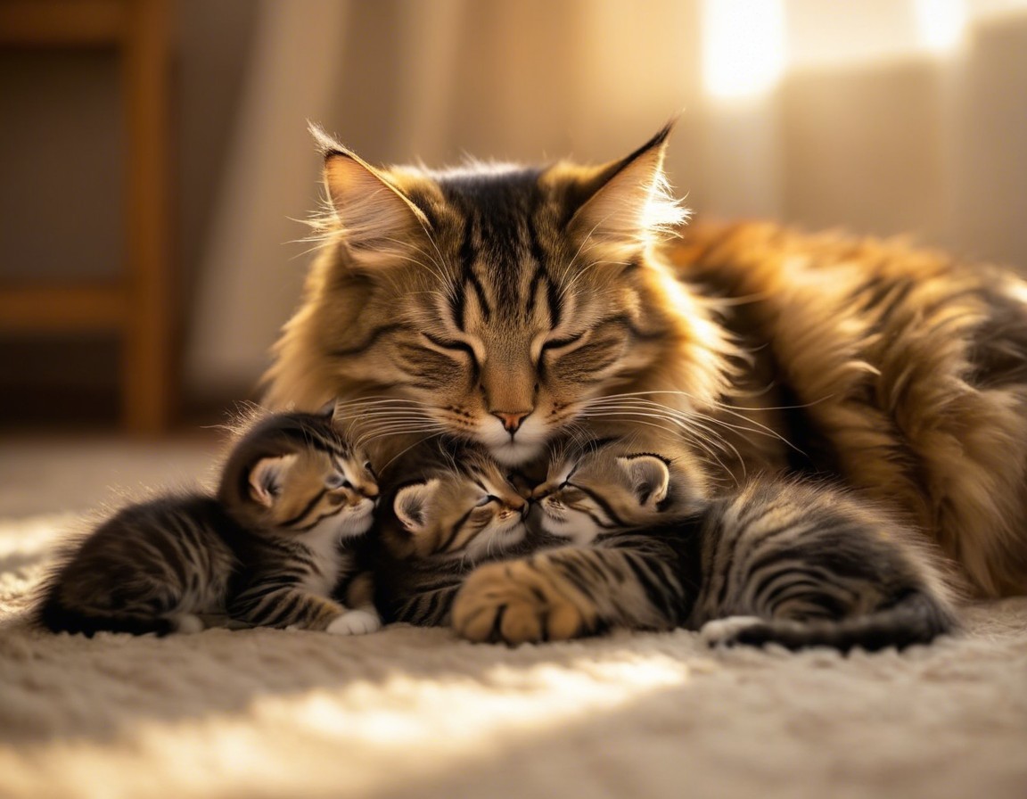 Fluffy Mother Cat and Kittens Cuddling in Sunlight