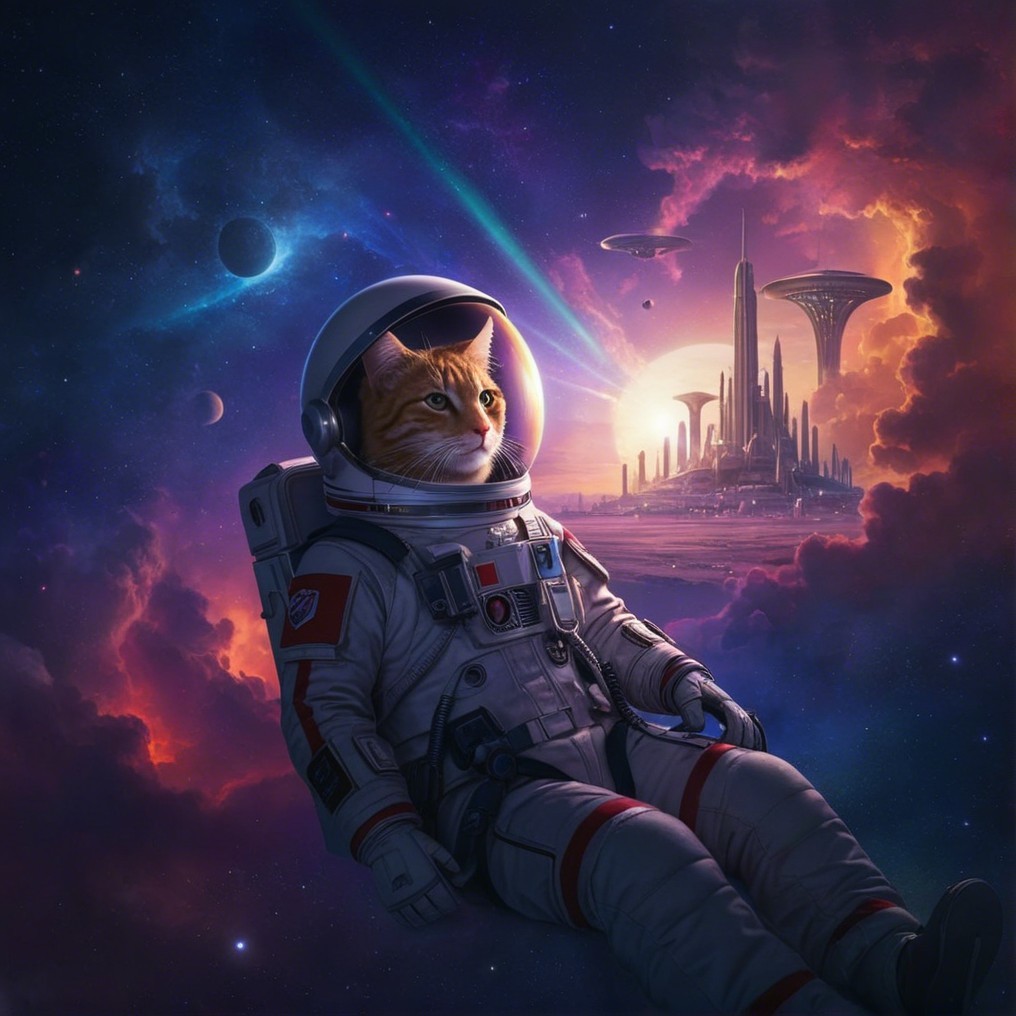 Cat in Spacesuit Against Cosmic Backdrop and Cityscape