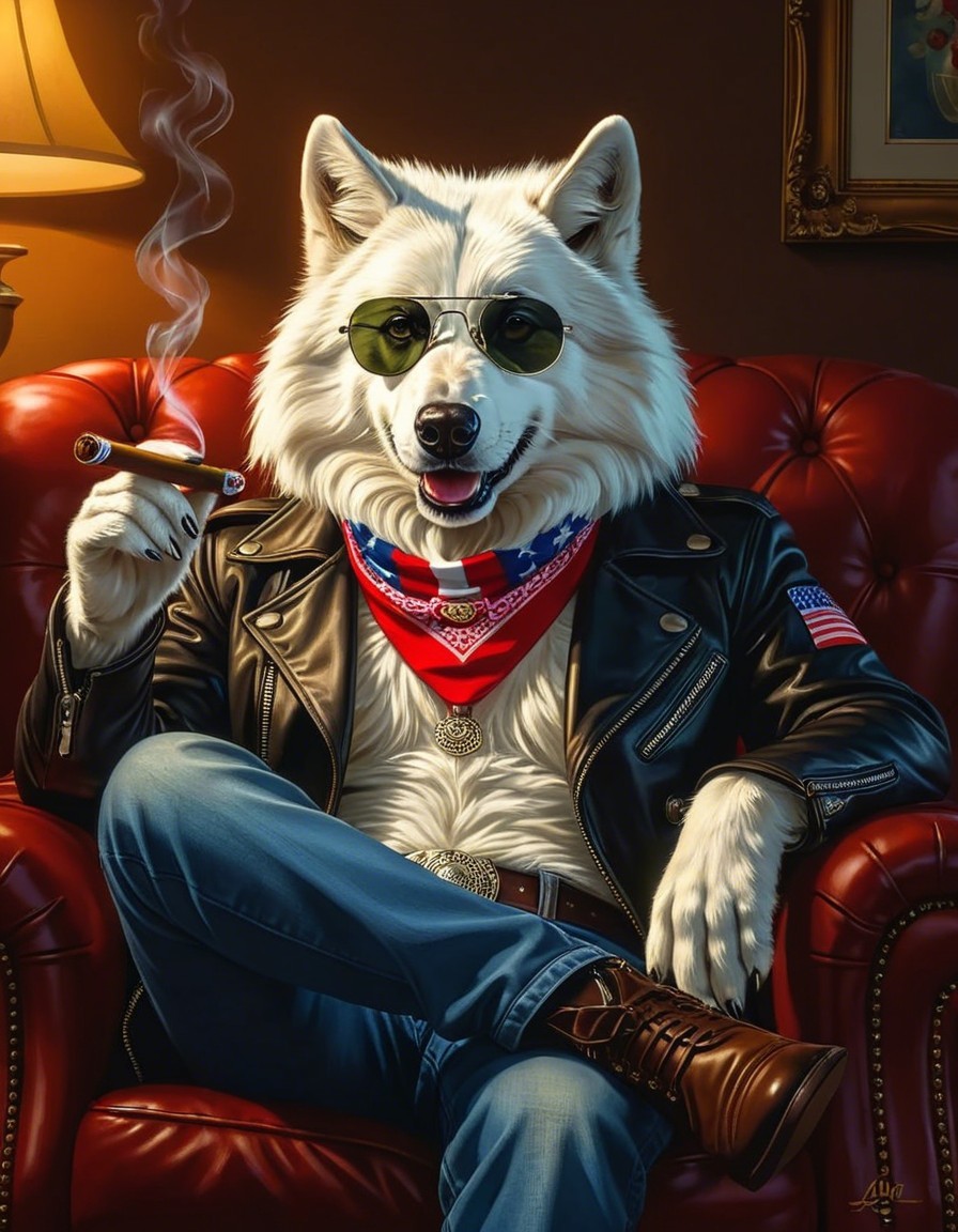 Anthropomorphic dog in stylish outfit in armchair