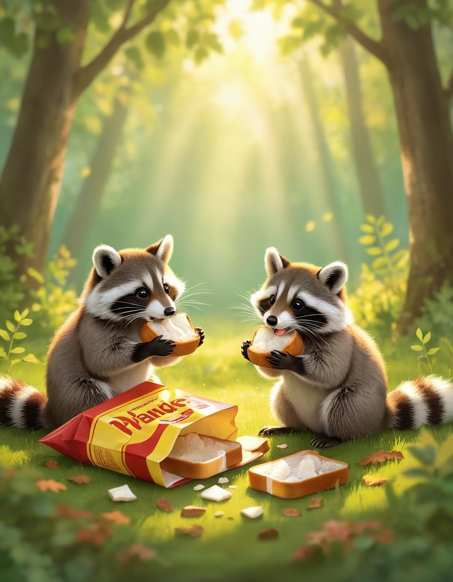 Raccoons Eating Bread in a Sunlit Forest Setting