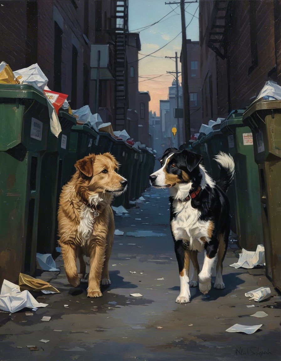 Dogs Exploring Alleyway with Trash Bins at Twilight