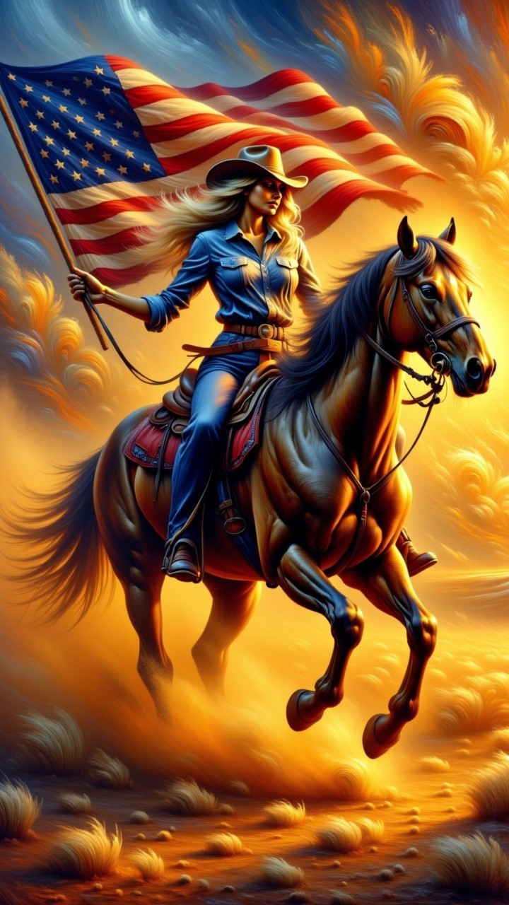Heroic Figure on Horse with American Flag Background